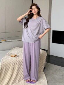 DAZY 2pcs/Set Loose Short Sleeve Printed Women Loungewear Set Pajama - Mauve Purple - View 3