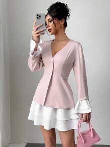 SHEIN Unity 2pcs Set V-Neck Color Block Jacket With Double Frill Trim Waistless Skirt Sleeve Fall Cloth For Women - Pink - View 5