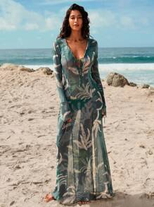 Opulessa Knitted Mesh Print Slit Fitted V-Neck Long Sleeve Dress For Women,For Autumn And Winter - Green - View 1