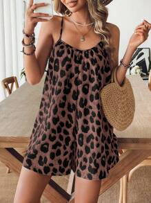 SHEIN VCAY 豹纹宽松露背连体裤，度假风格