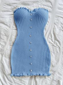 Soleia Sexy & Comfortable Fitted Knit Dress With Button And Ruffle Hem, Camisole Style - Baby Blue - View 6