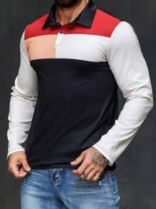 Manfinity Homme Men's Casual Daily Wear And Vacation Attire, Featuring An INS-Style Long-Sleeve Polo Shirt, Vintage Creative Polo Shirt In Color-Blocked Black, White, Red, And Khaki Prints. This Shirt Includes A Button Placket And Is Suitable For Refreshing Top In All Seasons. It's Perfect For Hawaiian Beach Vacation And Great For Couple Looks, Making It An Excellent Gift Idea For Boyfriends Or Husbands - Multicolor - View 3