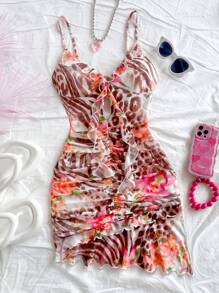 Soleia 性感豹纹斑马花卉图案细肩带镂空荷叶边下摆迷你连衣裙，适合度假、音乐节、波西米亚风、节日、约会之夜和情人节下午茶