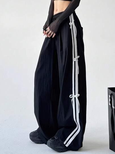 FRIFUL Women's Black Sports Long Pants With Contrast Color Ribbon Tie, For Spring