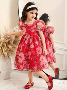 SHEIN 年轻女孩碎花圆领泡泡袖修身连衣裙 - 彩色 - 查看 4