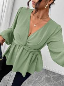 Firerie Plus Size Casual Twist Front A-Line Long Sleeve Shirt, Green - Mint Green - View 1