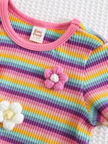 Cozy Pixies Baby Girl Colorful Striped 3D Floral Knit Soft Crew Neck Short Sleeve Pullover Top