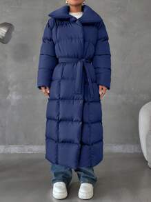 EURMUSE Zip Up Slant Pocket Padded Coat With Waist Belt - Navy Blue - View 7