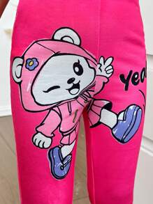 Set de 2 piezas: Camiseta de cuello redondo con patrón de gato lindo y pantalones ajustados para niñas jóvenes