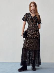 MOTF STUDIO GUIPURE LACE RUFFLE HEM DRESS - Black - View 6