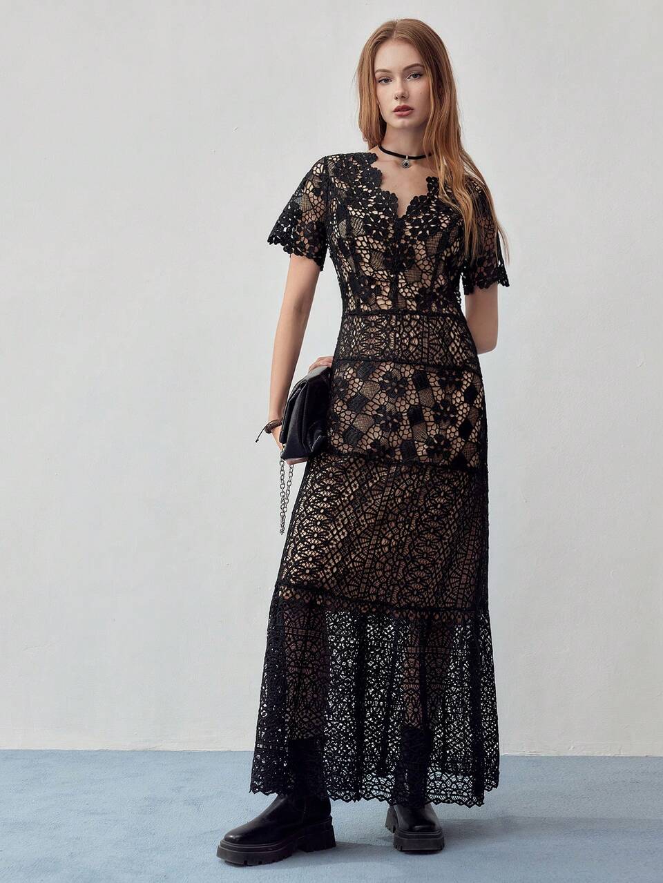 MOTF STUDIO GUIPURE LACE RUFFLE HEM DRESS