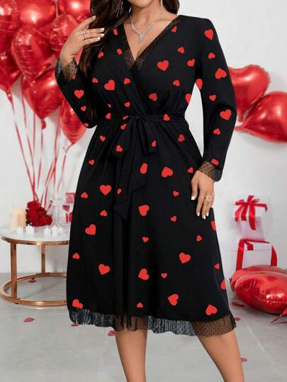 SHEIN Clasi Plus Size Women V-Neck Floral Trim Tie Waist Dress,Valentine