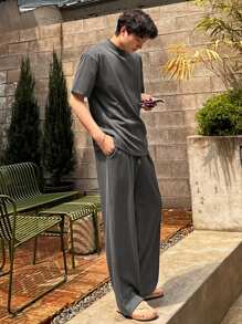 DAZY Men's Textured Fabric Grey T-Shirt Set, Summer Business Attire - Grey - View 1