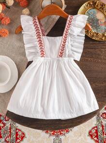 SHEIN 女婴时尚法式复古刺绣装饰衬衫新款盖袖连衣裙 - 白色 - 查看 2