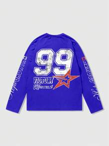 ROMWE MEN Prep Men's Letter Print Long Sleeve Baseball T-Shirt, Suitable For Everyday Wear, Spring/Summer - Blue - View 1