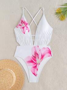 Swim Vcay Springbreak Swim Vcay Women Positioned Print Plunge Backless Criss-Cross Strap One-Piece Swimsuit, Sexy For Summer Holiday