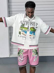 AXEPEAK 男士宽松数码印花短袖针织衬衫和短裤套装，街头潮流