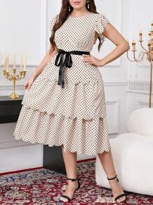 SHEIN Clasi Plus Size Women Elegant Polka Dot Print Round Neck Cap Sleeve Layered Ruffles Hem Romantic Cake Dress,Romantic Dresses,Summer Dresses For Women,Summer Outfits For Women,Wedding Guest Dress Women - Apricot - View 6