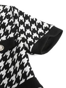 SHEIN Firerie Kids Váy dệt kim cổ tròn tay ngắn họa tiết Houndstooth chắp vá cho bé gái tuổi mới lớn, trang phục thường ngày khi trở lại trường - Đen và trắng - Xem 5