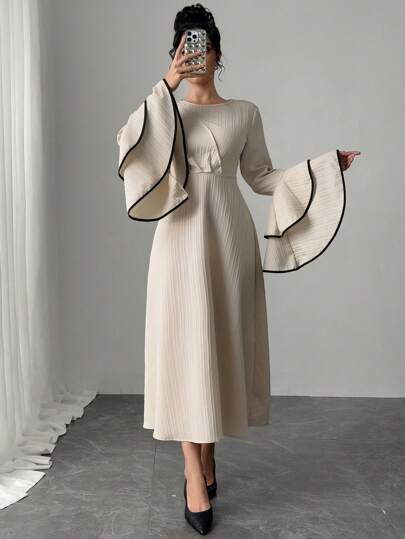 Chiquease Women's Elegant Round Neck Long Ruffle Sleeve Dress