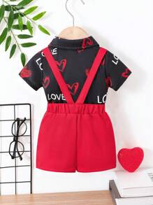 SHEIN 男婴两件套服装，爱心印花短袖连体衣+围兜裤套装 - 黑色 - 查看 2