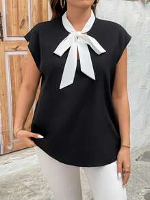 SHEIN Clasi Plus Size Women's Contrast Color Bowknot Neck Short Sleeve Blouse - Black and White - View 4