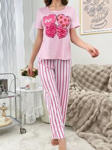 Heart Pattern Cute Women Pajama Set - Pink - View 5