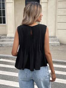 Serisse 女士优雅纯色圆领褶皱无袖宽松衬衫、黑色套头衫、洋娃娃裙、夏季衬衫、日常穿着、适合日常夏季穿着、法式假日休闲上衣 - 黑色 - 查看 2