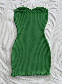 Soleia Sexy & Comfy Fitted Button-Front Ruffle Trim Knit Mini Dress - Green - View 2