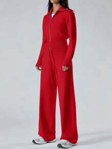 LYSMO 2pcs Women's Solid Color Zip Front Long Sleeve Top & Full Length Pants Set - Red - View 1