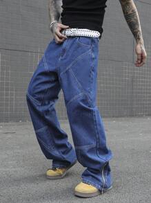 Manfinity Roghcode Men's Casual Straight Loose Fit Jeans With Pockets - Dark Wash - View 7