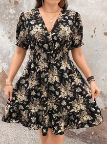 Breezaya Plus Size Women Boho Black Floral Print Short Sleeve Vacation Dress, For Summer
