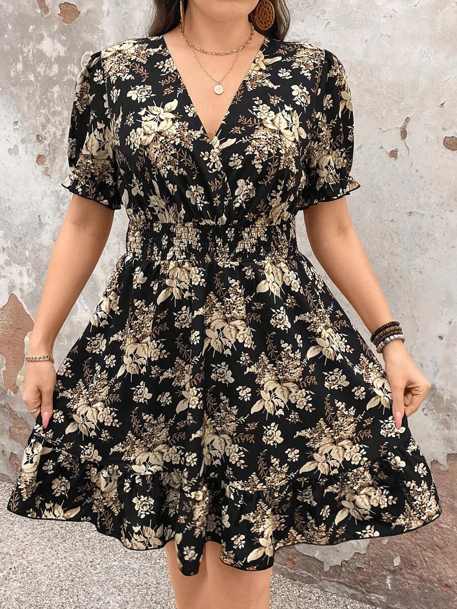 Breezaya Plus Size Women Boho Black Floral Print Short Sleeve Vacation Dress, For Summer - Multicolor - View 1