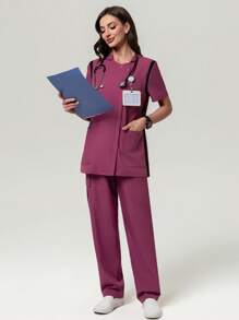 Anti-Wrinkle Contrasting Color Short Sleeve Women's Scrub Uniform Top Scrub Sets For Women - Red Violet - View 7