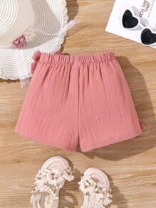 Young Girl Woven Solid Color Fitted Casual Shorts - Pink - View 2