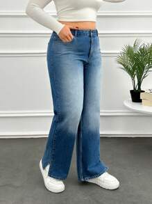 RueChic Plus High Waist Side Slit Straight Jean - Medium Wash - View 4