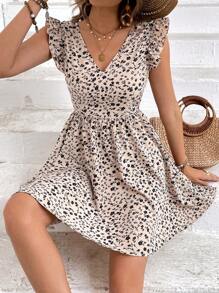 SHEIN Frenchy Women's Elegant Romantic Backless Clashing Lace Big Bowknot At Back Dress,Suitable For Everyday Summer Wear,Floral Dresses,Allover Floral Fabric,French Holiday Outfits,Casual Simple And Fashionable Short Dress For Everyday Wear,Dating Wear,Wedding Season Dresses,Bridesmaid Dresses Beach - Apricot - View 6