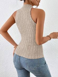 SHEIN Essnce Women Solid Rib-Knit Criss-Cross Cropped Cami Tank Top - Khaki - View 3