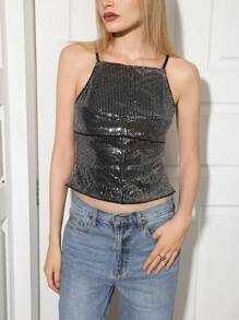 SHEIN EZwear Women's Rhinestone Decorated Casual Daily Wear Tank Top, Simple And Fashionable - Silver - View 6