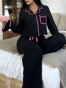 女士撞色滚边单排扣长袖上衣和裤子睡衣套装，舒适优雅细节，秋冬服装 - 黑色 - 查看 1