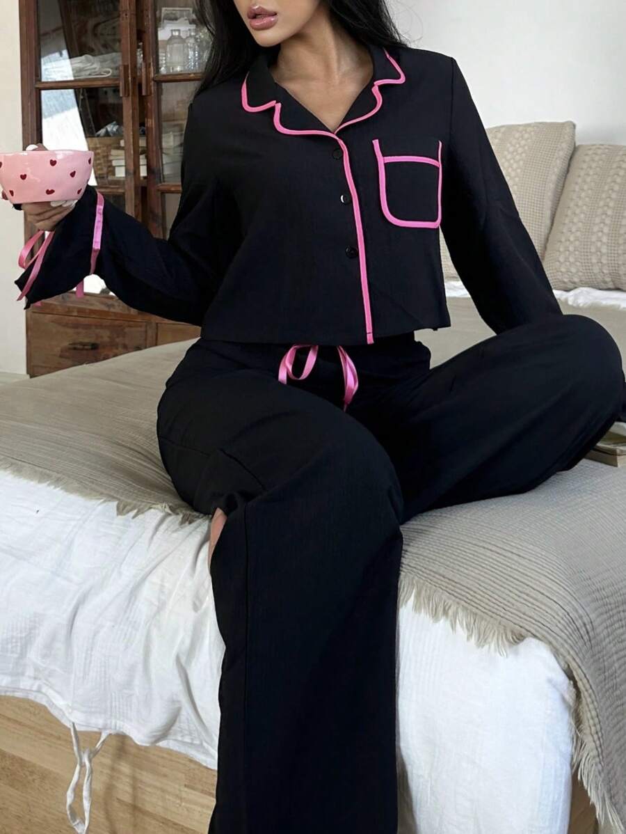 女士撞色滚边单排扣长袖上衣和裤子睡衣套装，舒适优雅细节，秋冬服装 - 黑色 - 查看 1