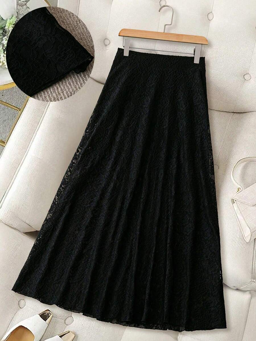 SHEIN Unity 女式休闲高腰纯色蕾丝镂空设计裙子,秋冬 - 黑色 - 查看 1