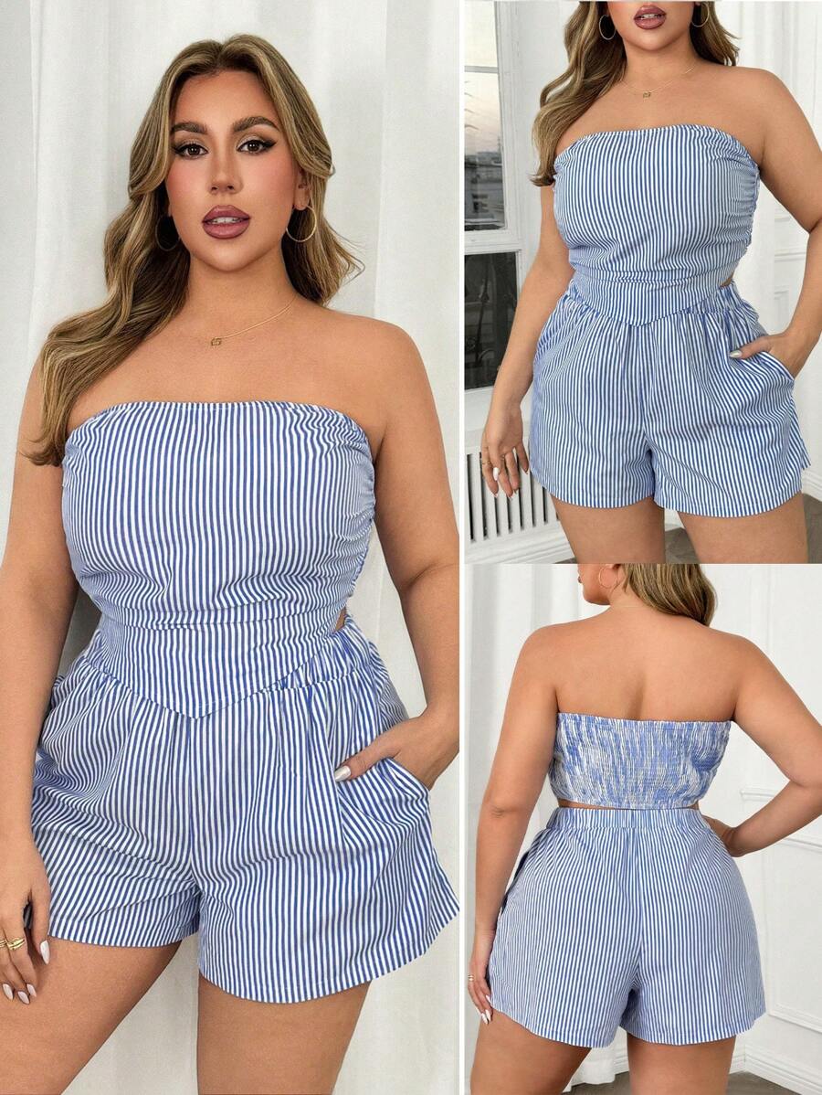 Elenzga Plus Size Classic Blue & White Striped Cropped Top & Shorts 2pcs Set, Slimming Casual Outfit, For Summer - Blue and White - View 1