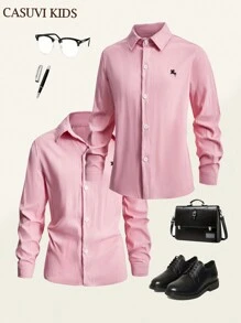 SHEIN Camicia casual versatile in rosa adatta per ragazzi pre-adolescenti, con design di polsini regolabili, adatta per varie occasioni, vita universitaria e uso quotidiano