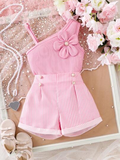 Elladie kids 2st/set Ung flicka stickad ribbad asymmetrisk blommig topp och ribbad shorts med pärlknapp, söt avslappnad sommaroutfit