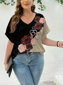 EMERY ROSE 休闲简约心形与玫瑰图案 V 领短袖修身大码女式 T 恤，适合夏季 - 白色 - 查看 4