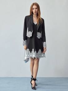 MOTF STUDIO WOMEN V-NECK LACE PATCHWORK SLIP MINI DRESS - Grey - View 6
