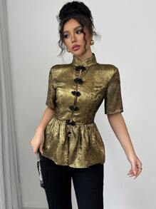SHEIN Unity Elegant Stand Collar Metal-Colored Non-Stretch Short Sleeve Cinched Waist Blouse For Women, Spring/Summer - Bronze - View 5