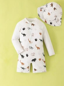 SHEIN Young Boy Cartoon Dinosaur Print Raglan Sleeve One-Piece Swimsuit With Shorts Summer Holiday