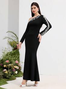 Modelyn 女士优雅串珠流苏装饰不对称领口鱼尾连衣裙 - 黑色 - 查看 7